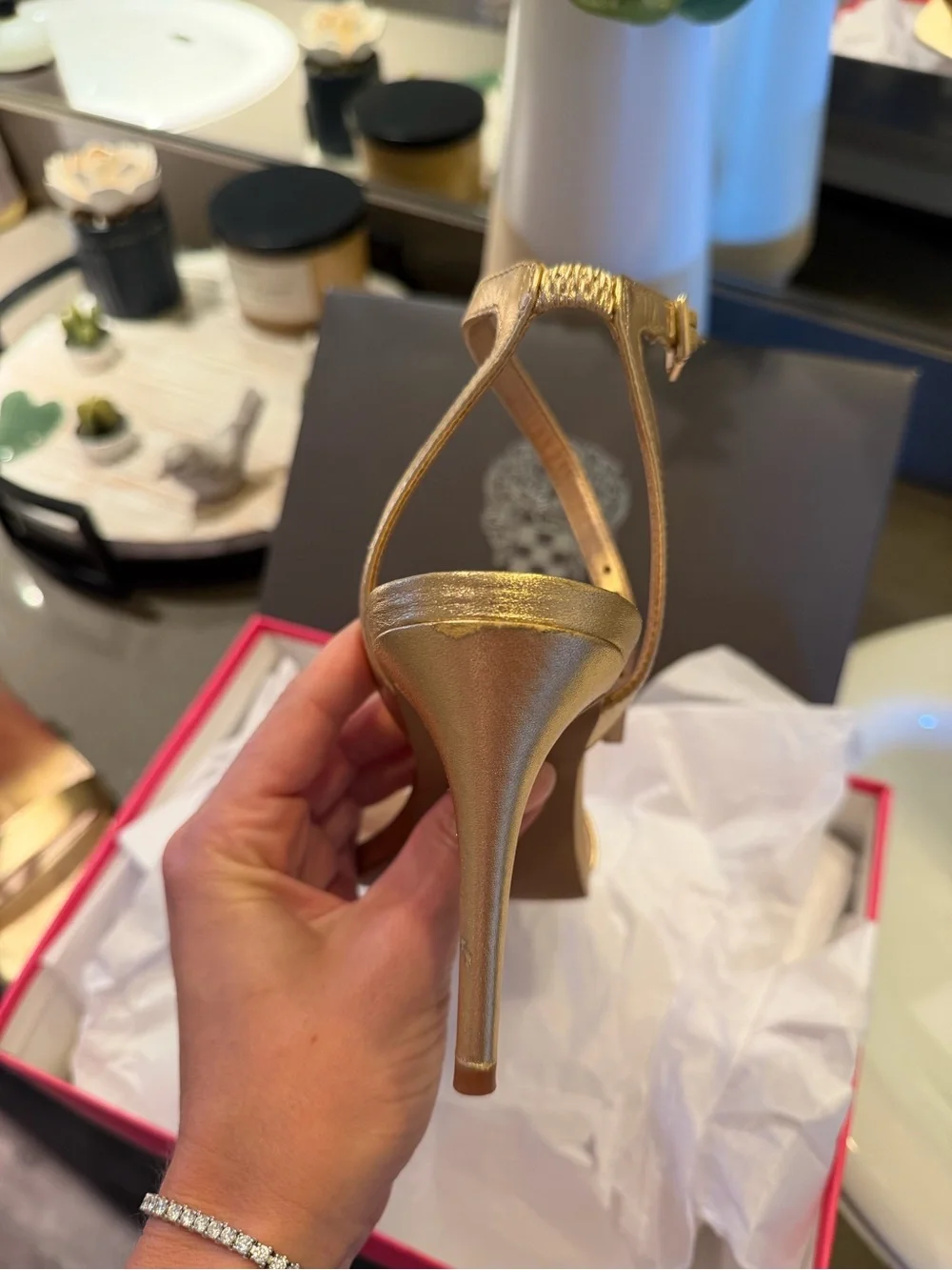 Vince Camuto- Gold Women's Ankle-Strap Sandal - Elegant Metallic Dress Heel